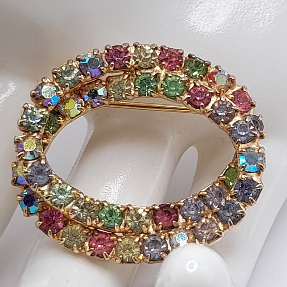 Vintage AB Pastel Prong Set Glass Rhinestone Oval Brooch, URANIUM Glass, 1 1/4"